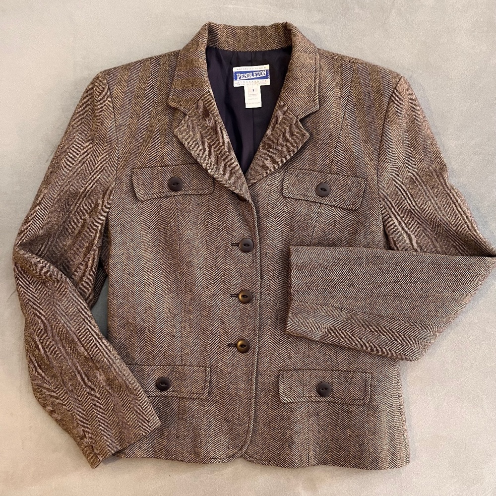 Vintage Pendleton Wool Tan Navy Herringbone Lined Blazer